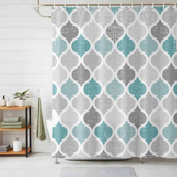 Shower Curtains for Bathroom, Teal Grey Morocco Pattern Waterproof Fabric Shower Curtain, Turquoise Modern Moroccan Geometric Decorative Bathroom Curtain for Bathtub, 72"x84", No Hooks Included