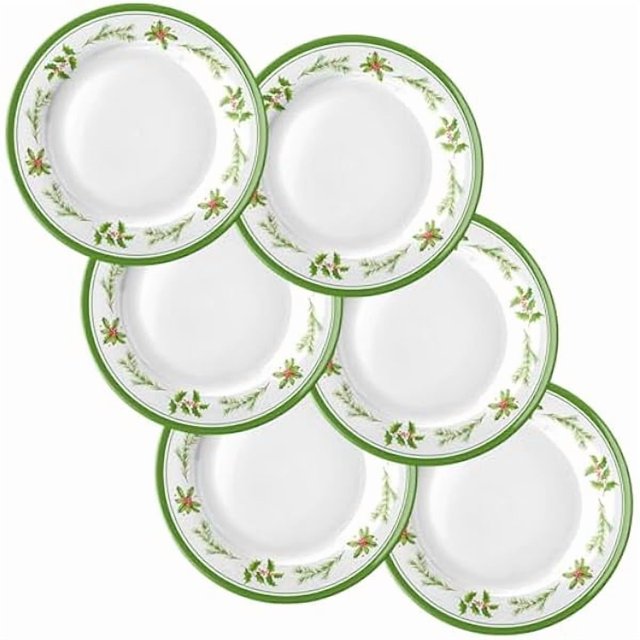 wonima02 6 Pcs Christmas Dinner Plates Xmas Tree Melamine Dinnerware Green Plates Xmas Wreath Dishes Holiday Tableware for Dessert Salad Appetizer Birthday Party(Christmas Wreath,10 Inches)