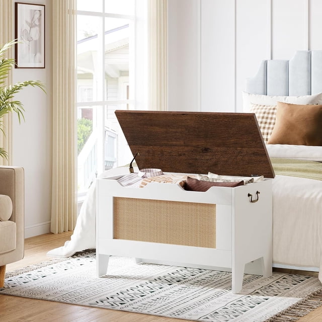 Rattan Toy Storage Chest, 30" Large Wood Toy Box with Safety Hinge, Storage Bench for Living Room & Playroom