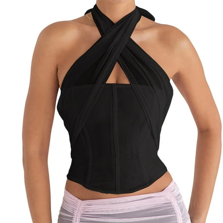 Womens Summer Criss Cross Halter Neck Corset Tops Mesh Bandage Backless Sleeveless Club Crop Top Streetwear
