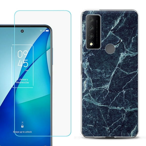 Slim-Fit Gel TPU Phone Case for TCL 4X 5G, with Tempered Glass Screen Protector, by OneToughShield ® - Marble / Blue