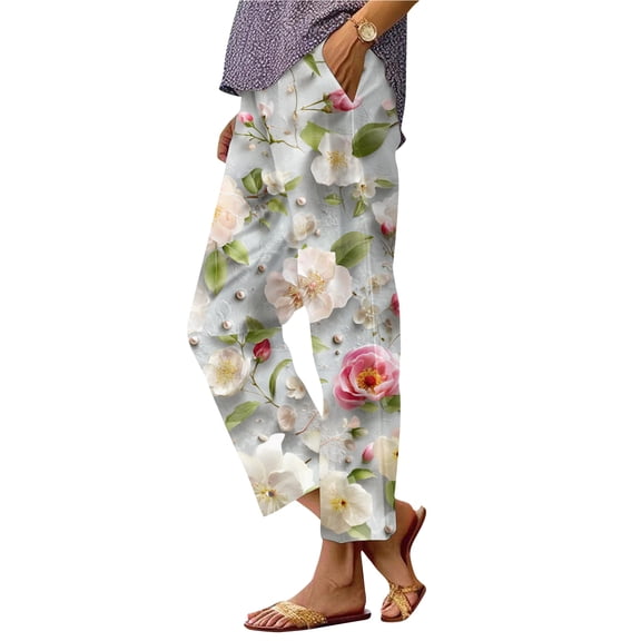 OIOLOYJM Linen Pants for Women 2026 Summer Drawstring Elastic Flowy Pants Loose Casual Cozy Flowy Beach Trousers with Pockets White 2XL