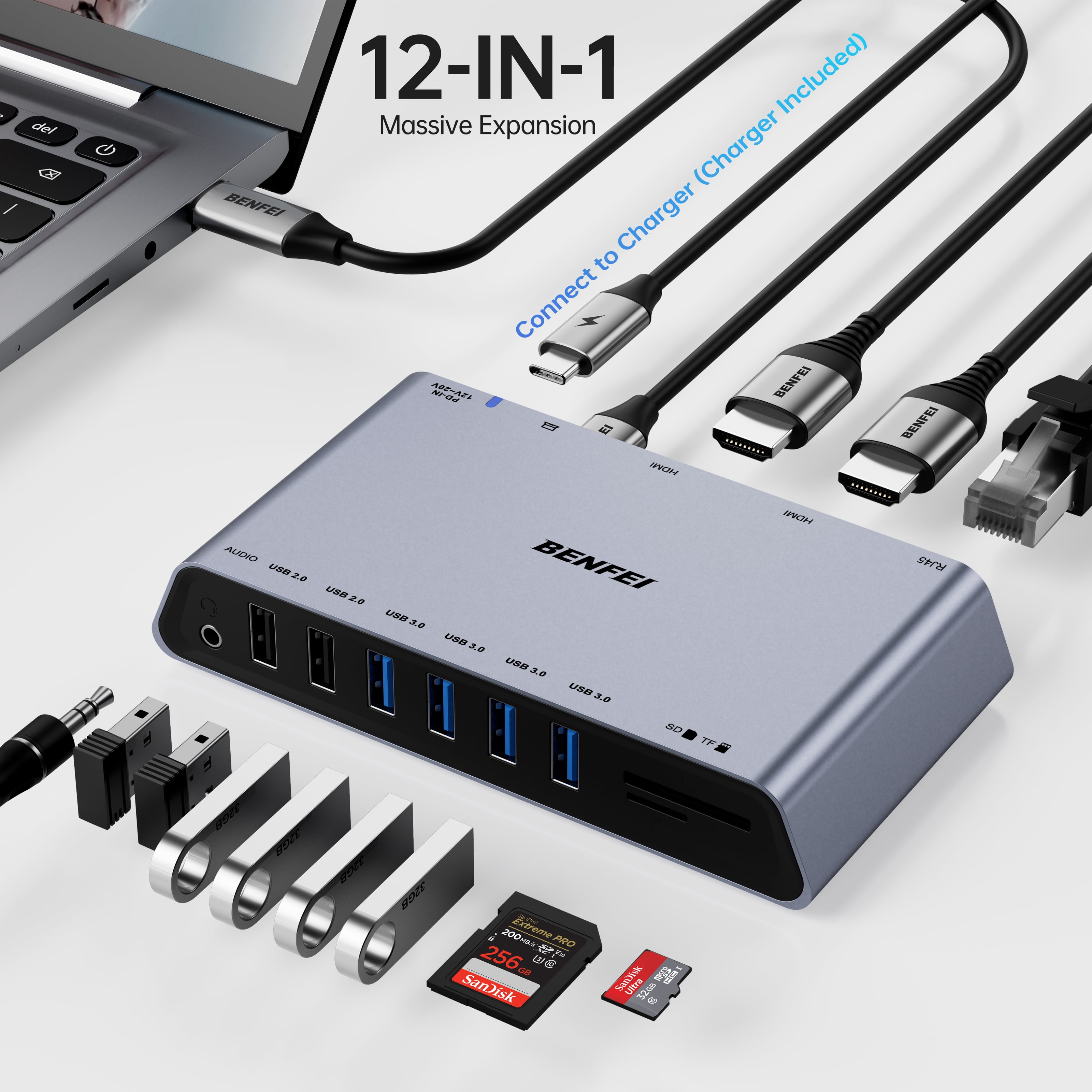 BENFEI DisplayLink 12-in-1 USB 3.0 Docking Station with Dual HDMI Display/6*USB Ports/SD/TF Card Reader/Gigabit Ethernet/3.5mm Headphone Jack