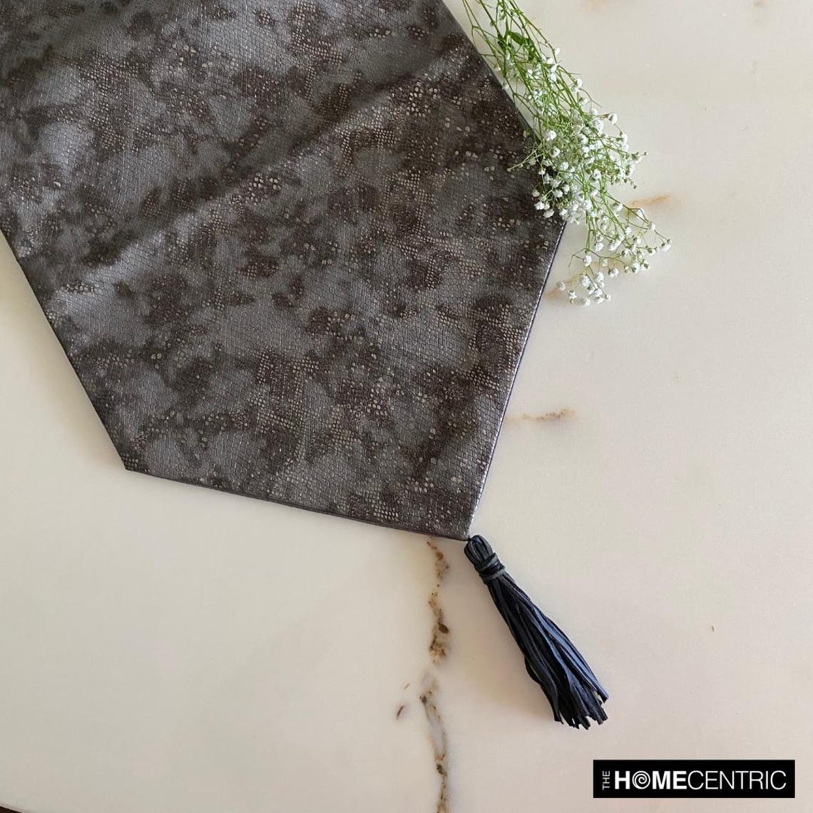 The HomeCentric Decorative Grey & Silver Table Runner Coffee Table Runner (14 x 36 inch), Metallic Leather, Animal Pattern, Tassels, Faux Leather fabric Table Linen, Animal Modern- Charcoal Chrome