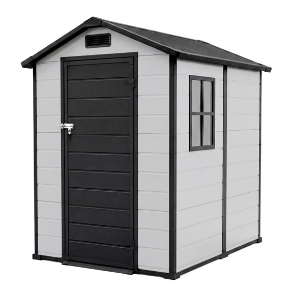Outdoor Storage Shed 4x6 FT with Floor, Plastic Resin Garden Shed with Window&Lockable Door, All-Weather Utility Shed for Patio, Backyard, Lawn Mower, Bike