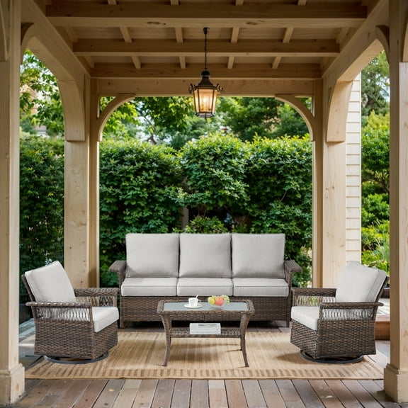 OPOHORO Outdoor 4-Pieces Patio Furniture Set, Brown Wicker Patio Couch with Swivel Gliding Chairs and Coffee Table, Perfect Furniture Ideas for Patio Porch Deck, Beige