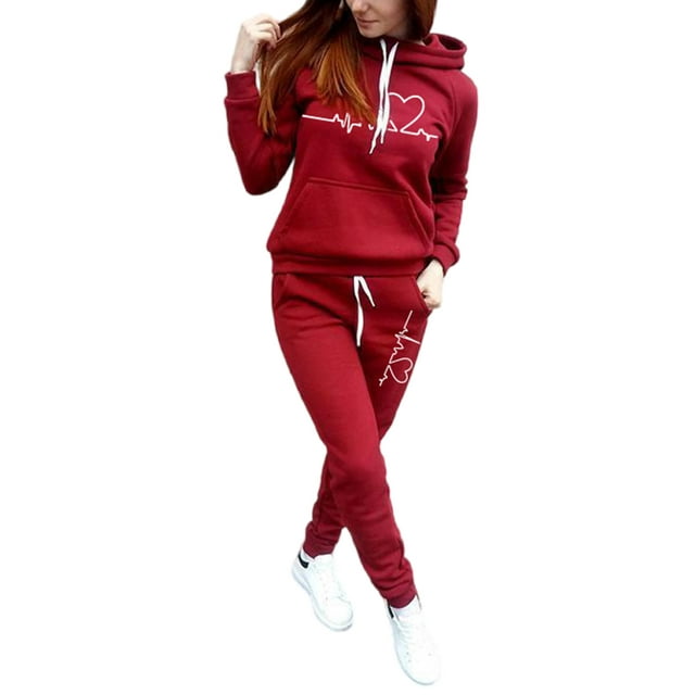 Fashnice Survêtements pour Femmes Manches Longues Ensemble 2 Pcs Ensemble de Jogging à Capuche Chaud Rouge P
