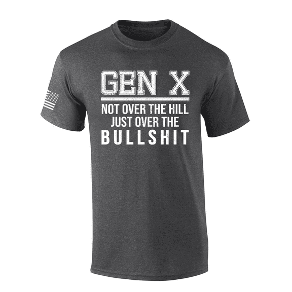 Trenz Shirt Company Men’s Humorous Gen X Not Over The Hill Just Over The Bullsh!t Short Sleeve T-Shirt, Heather Grey-5X-Large