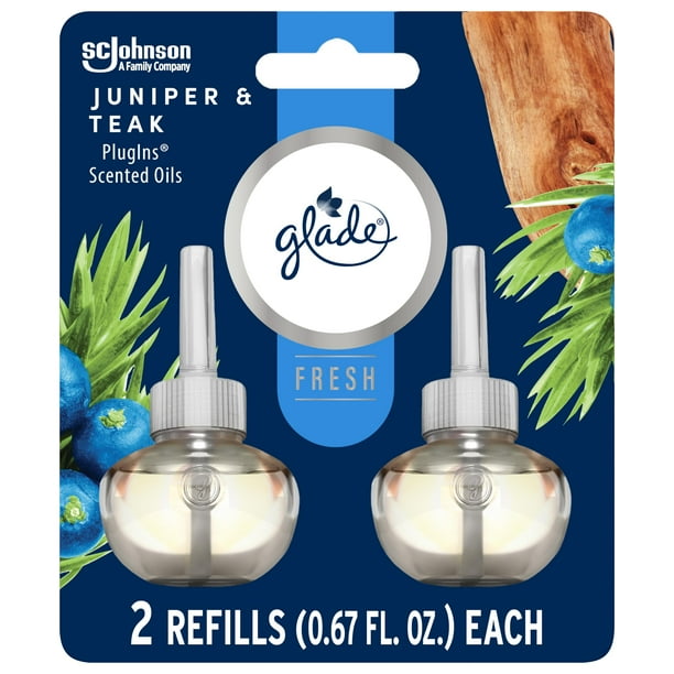 Glade Plugins Recambios Ambientador Perfumado Y Aceites Esenciales Para El Hogar Y El Baño Colección Fresca De Enebro Y Teca 1.34 Fl Oz 2 Unidades