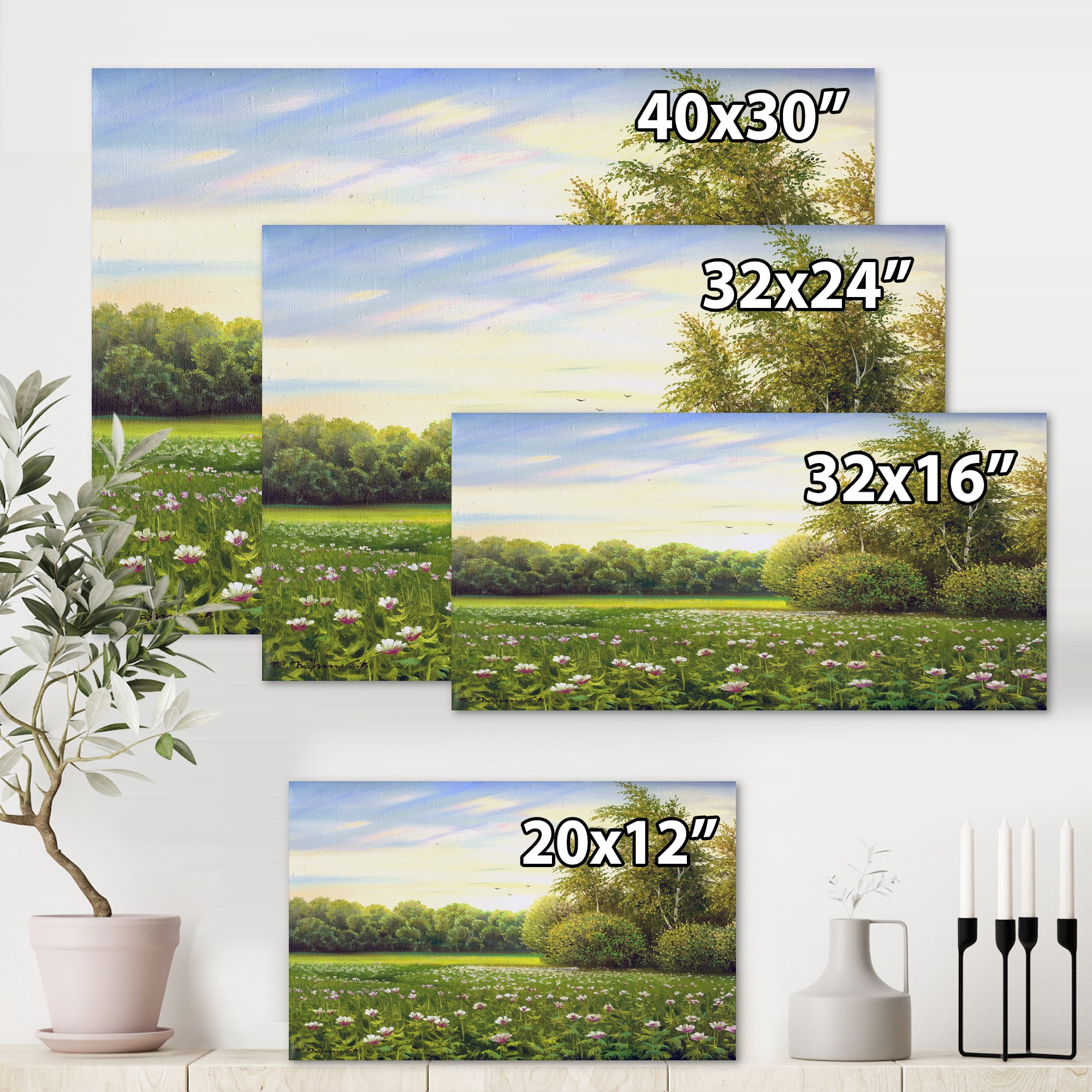 Designart ' Spring Trees By The Flowers and Meadows ' Country Canvas Wall Art Print