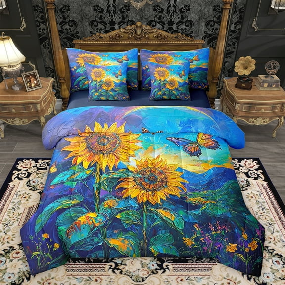 Homewish Blue Orange Sunflower Twin Bedding Sets 7-Piece, Dreamy Rustic Butterfly Bedding Comforter Set, Vintage Oil Printing Reversible Sheet Sets, Microfiber Bedroom Decor