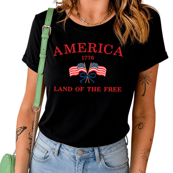 UNISHE Women's America 1776 Land of the Free Flag Bow Graphic Black Short Sleeve T-Shirt Casual Cotton Crewneck Top