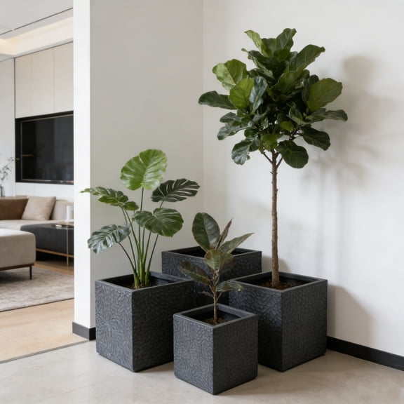 Set of 4 Square Magnesium Oxide Planters with Drainage Holes and Modern Design, Indoor Outdoor Flower Pots, Grey