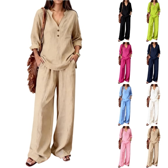 Women Lounge Sets 2 Piece Cotton Linen Outfits Summer Casual Long Sleeve V Neck Pullover Top Wide Leg Pants Matching Sets Trendy Clothes Going Out Suits for Womens Black L