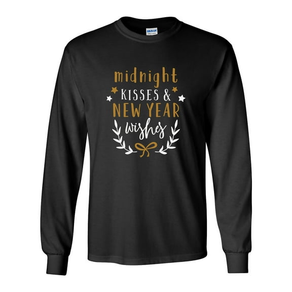 Midnight Kisses & New Year Wishes Happy New Year Festive Unisex Adult Long Sleeve T-shirt-Black-4xl