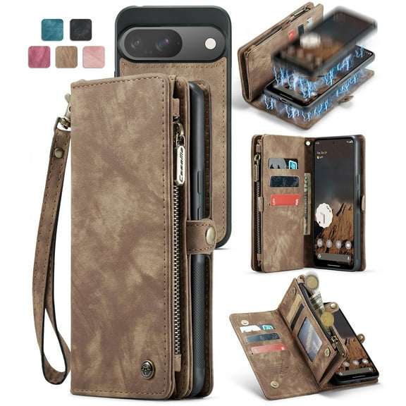 Feishell Durable 2- In-1 Magnetic Detachable Wallet Case for Google Pixel 9 Pro XL,for Women Men,Premium PU Leather Zipper Pocket Flip Multi Card Slots Purse Phone Case with Wrist Strap,Darkbrown