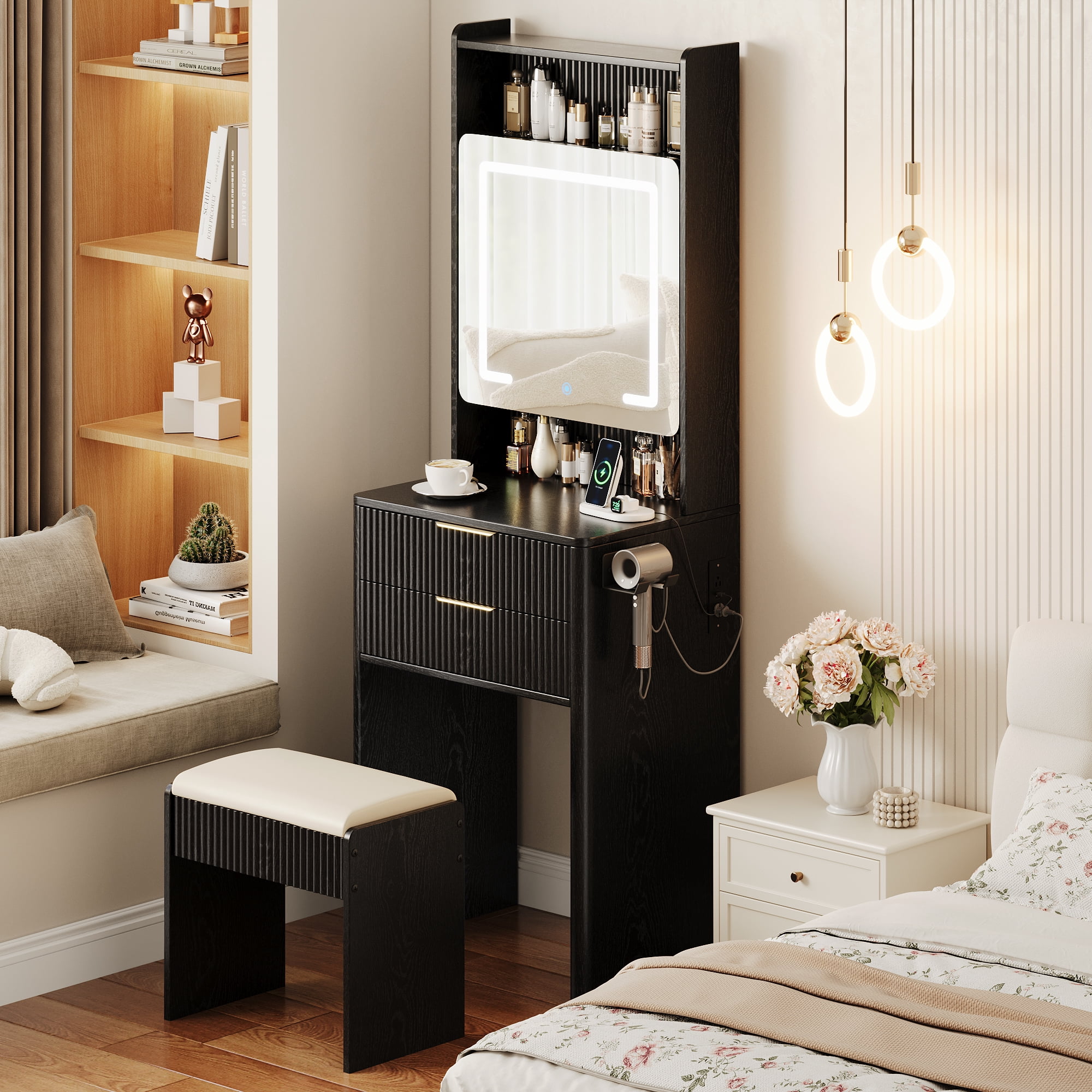 UGTOO 3-in-1 Foldable Vanity Desk with LED Lights & Charging Station, Black Makeup Table with Mirror, 2 Drawers & Stool, Space-Saving Dressing Table for Small Bedrooms (21.65"L)