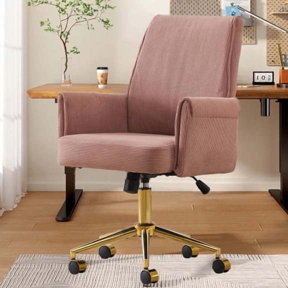 Velvet Criss Cross Office Chair with Wheels, Wide Swivel Desk Chair for Home Office - Pink Cross Legged Computer & Vanity Chair, Armless Modern Seating