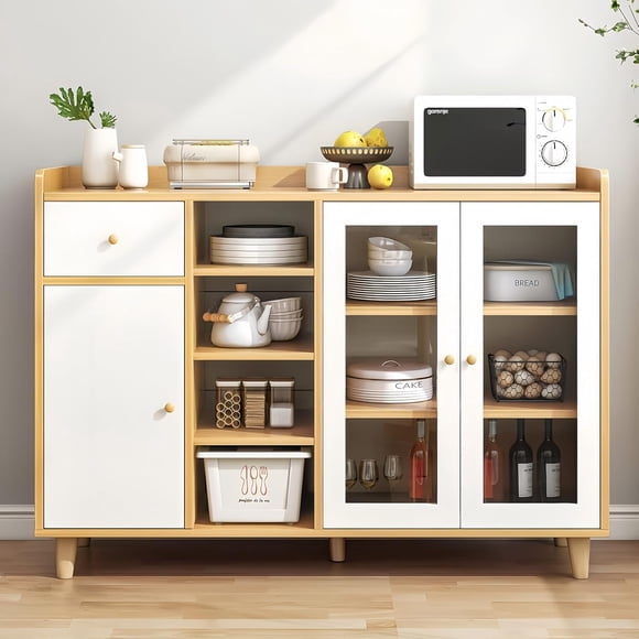 Gabinete De Despensa De Cocina Moderna, Mesa De Consola Buffetera, Credenza para TV Vintage Vinoteca Alacena con Puertas Estante De Organizador De Microondas Multifuncional 120x90x35CM