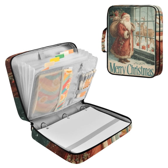 Vintage Christmas Poster Style Santa Deer Accordion File Organizer Expanding File Folder 3-Ring Binder Bag 500 Sheets A4 Size