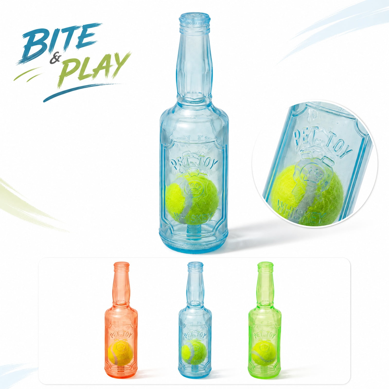 Squeaky Rubber Tennis Ball Bottle Dog Toy Interactive Boredom Relief Puppy Teething Toy for Aggressive Chewers Self-Entertainment Mess-Free Pet Grinding Crinkle Toy for Dogs 1-Pack