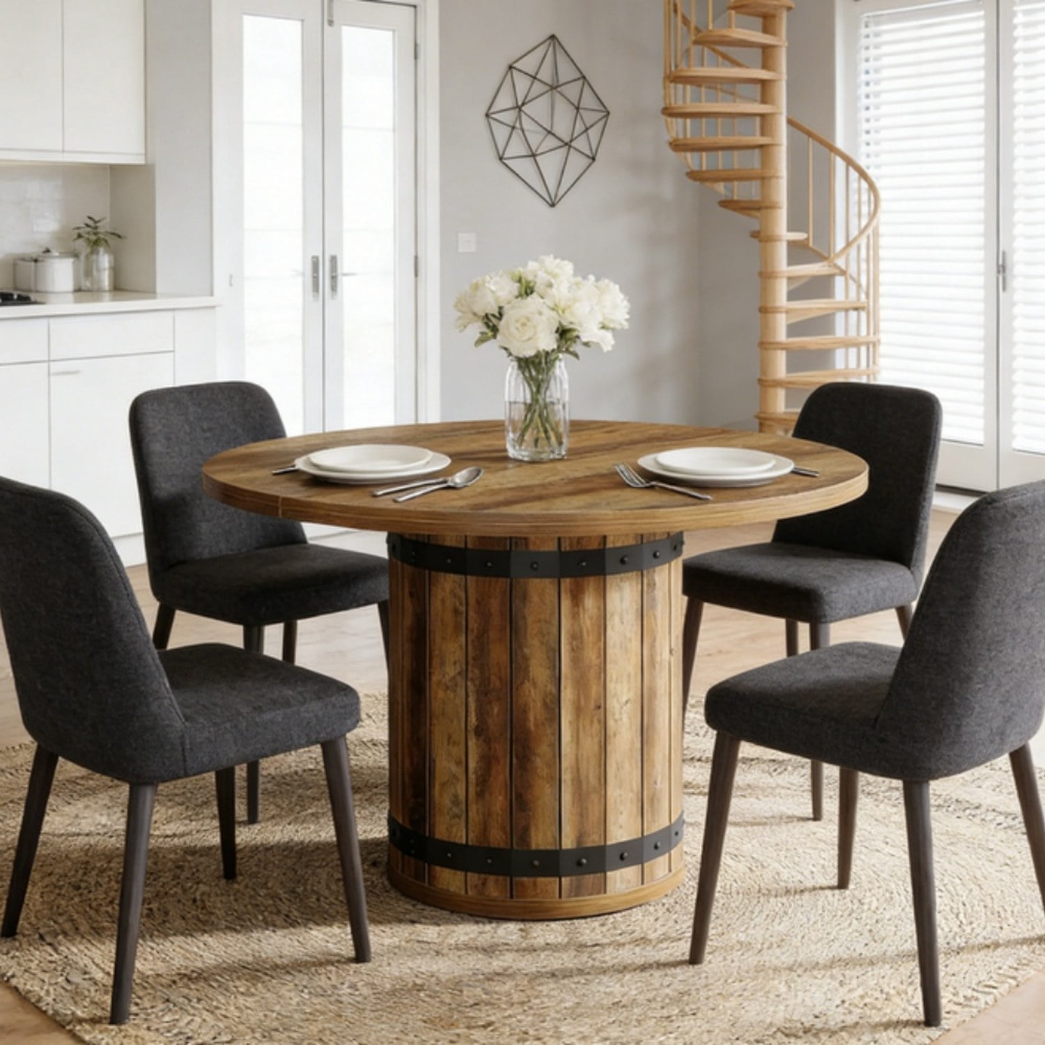 39.37 in Round Farmhouse Dining Table, Rustic Brown MDF, Seats 4
