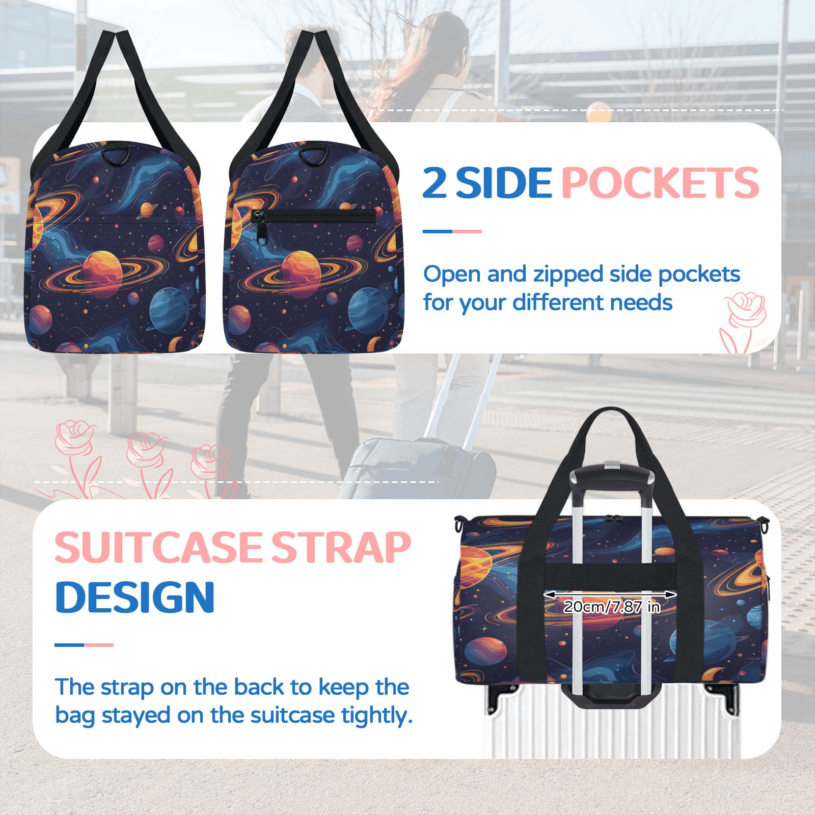 Herdesigns Planet Outer Space Colorful Galaxy Gym Bag for Women, Duffle Bag for Travel Sport, Lightweight Waterproof Carry on Weekender Overnight Dance Yoga Workout Bags