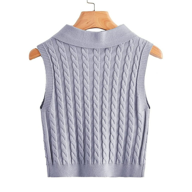 Dndkilg Fall Sweaters Sleeveless Button Up Knit Women's Sweater Vests Crop  Lapel Henley Solid Fashion Tops Wool Cotton Knitted Clothes Gray XL 