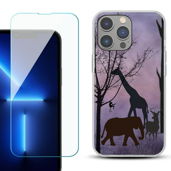 Slim-Fit Gel TPU Phone Case for iPhone 14 Pro Max, with Tempered Glass Screen Protector, by OneToughShield ® - Twilight Safari