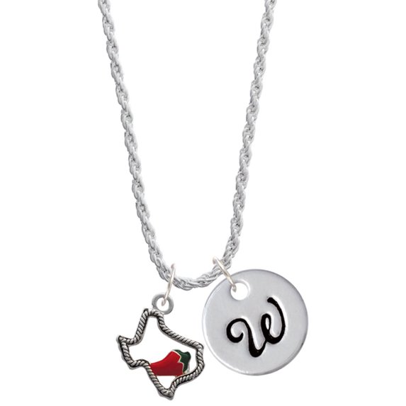 Delight Jewelry Silvertone Texas with Jalapeno - Silvertone Script Initial Disc - W - Charm Necklace, 20"+3".