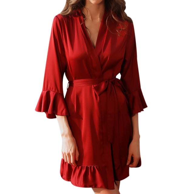 Lencería sexy de seda para mujer con mangas con volantes, ropa de dormir otoño-invierno, tallas S-L