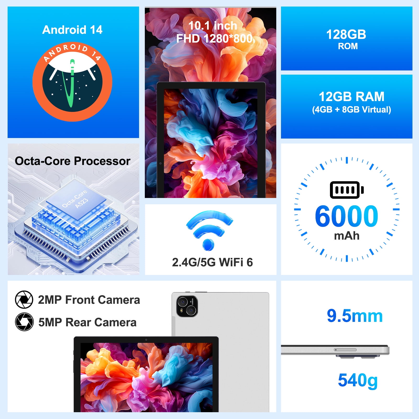 ATMPC Tablet, Android 14 Tablets 10 Inch, 12(4+8)GB RAM 128GB ROM, 1TB Expandable, Octa-Core Tablet with Keyboard, Mouse, Stylus, 1280 * 800 IPS, 6000mAh Battery, WiFi 6,BT 5.4, Dual Camera