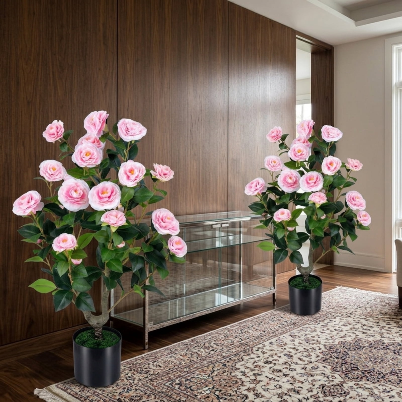 Vebreda 35.5 Inch Artificial Camellia Tree, Pink Faux Flower Plant in Cement-Filled Pot, Lifelike Fake Tree for Indoor Outdoor Home Office Decor