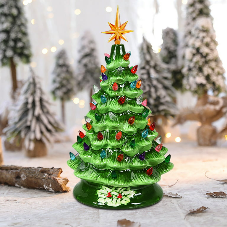 15 Hand Painted Ceramic Christmas Tree, Green Pre-Lit Tree with