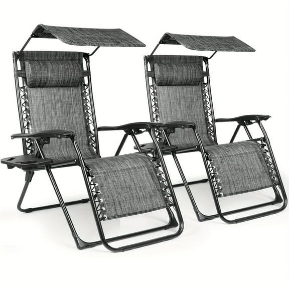 Chair Set of 2, 29 Inch Extra Large Outdoor Lounge Patio Lounge Chair with Awning, Foldable Outdoor Lounge Chair with Cup Holder Tray for Backyard Beach Camping.