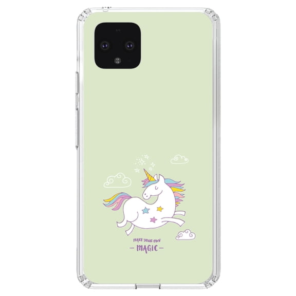 DistinctInk Clear Shockproof Hybrid Case for Google Pixel 4 (5.7" Screen) - TPU Bumper, Acrylic Back, Tempered Glass Screen Protector - Unicorn - Make Your Own Magic