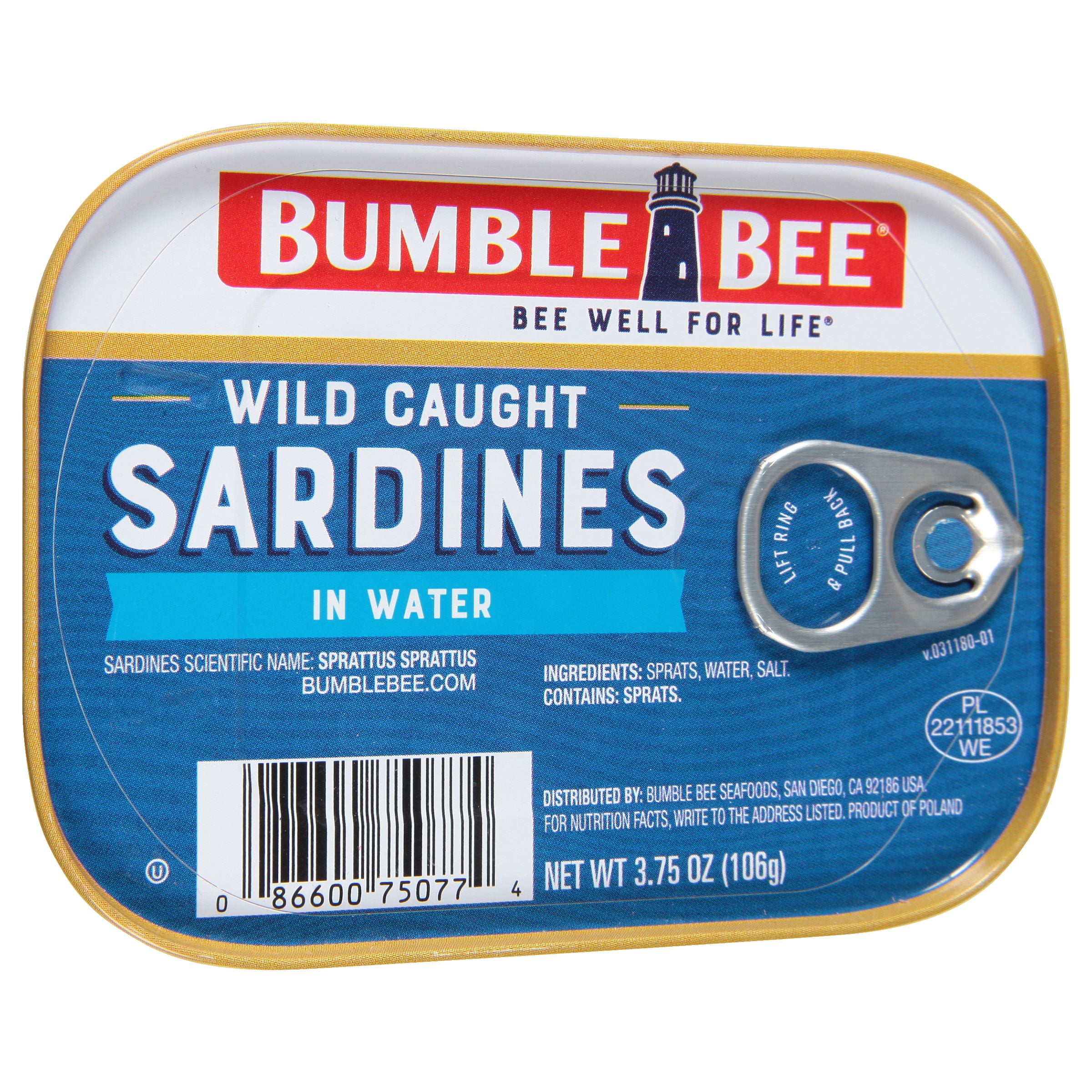 Bumble Bee Wild Caught Sardines in Water, Gluten Free, 12g Protein per Serving, Clean Ingredients, Kosher, Shelf Stable Tin Can, 3.75 oz