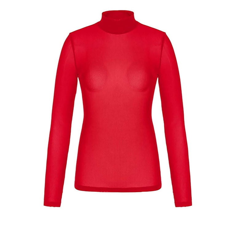 Lace Mesh Sheer Long Sleeve Tops for Women High Neck Arm Yoke