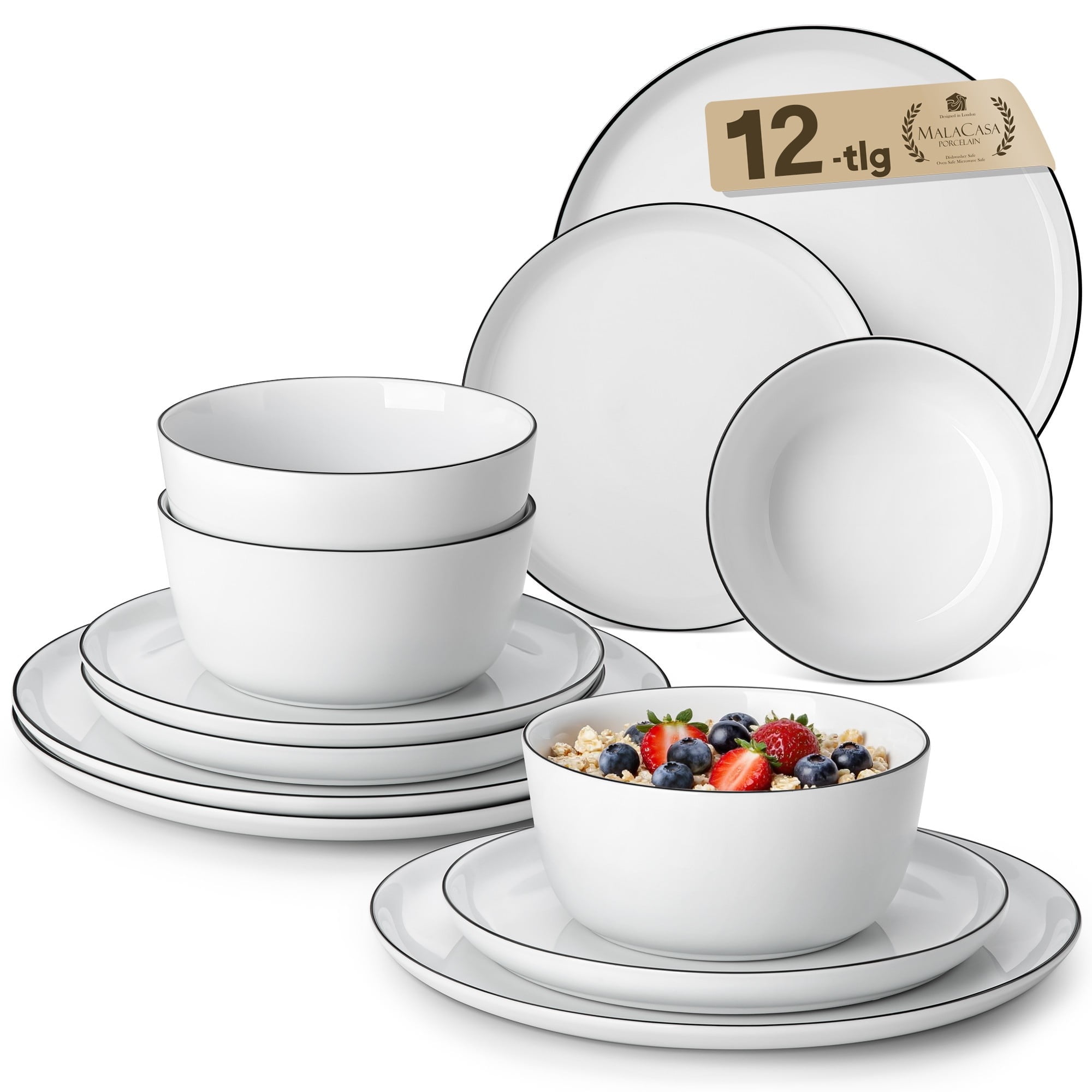 Vancasso 12 Piece Ceramic Dinnerware Set, Glossy Glazed Plates and Bowls Sets, Elegant Dish Sets for 4, Dishwasher & Microwave Safe, Black Trim