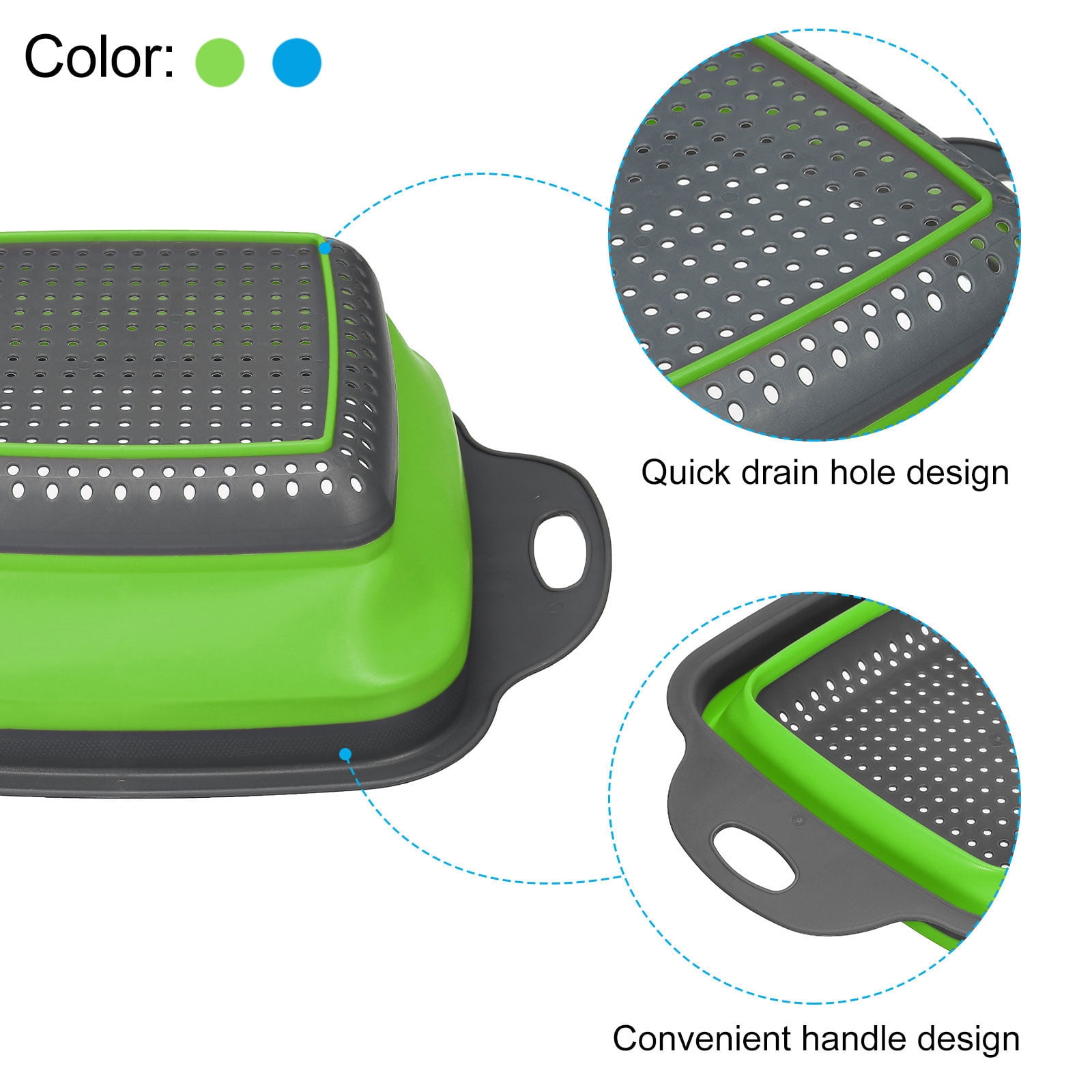 Unique Bargains 2 Pcs Foldable Silicone Strainer for Pasta Veggies Fruits Blue Green