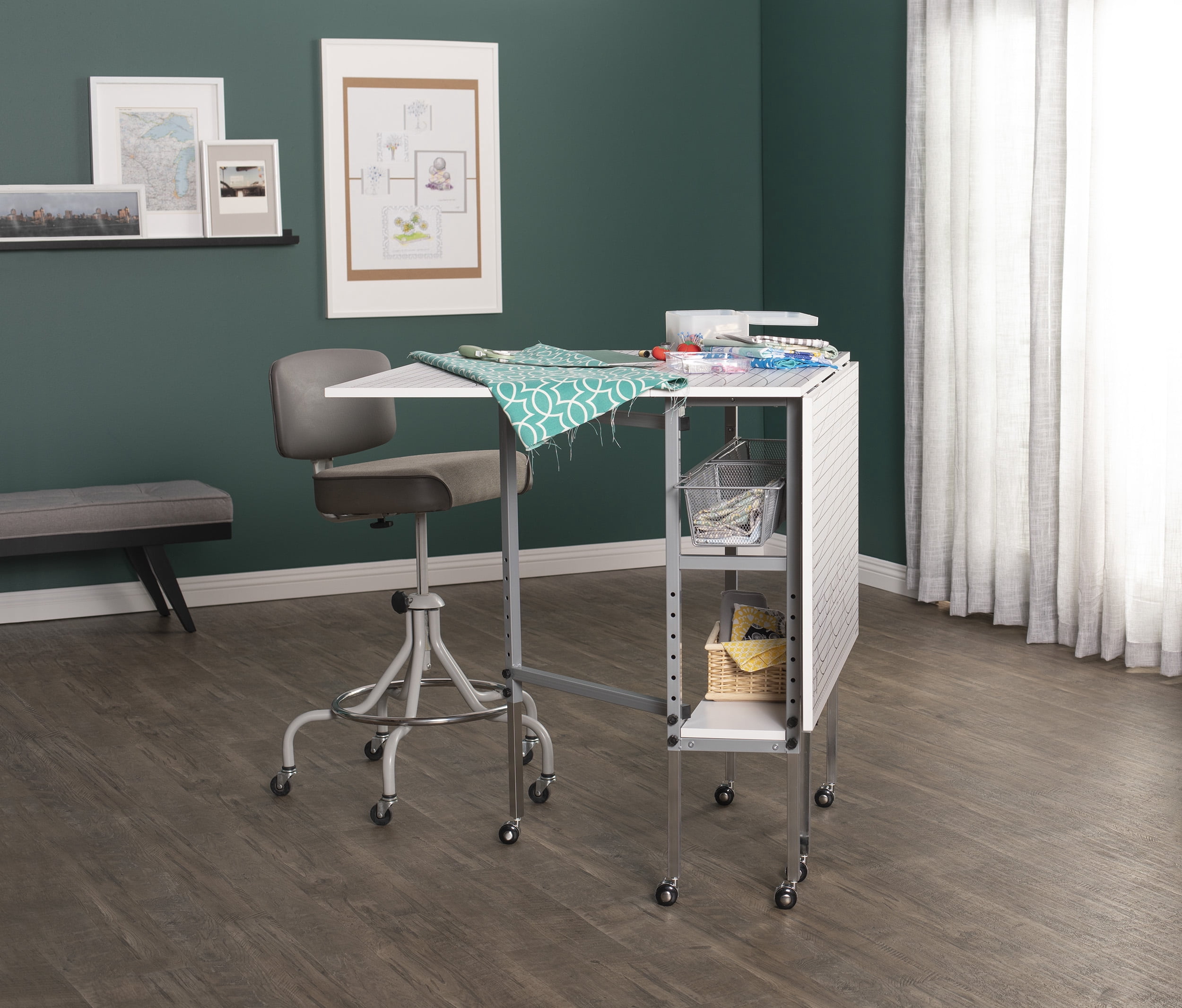 Sew Ready Alpha Height Adjustable, Foldable, Mobile Craft Table with Sewing Storage and Cutting Grid in White / Silver