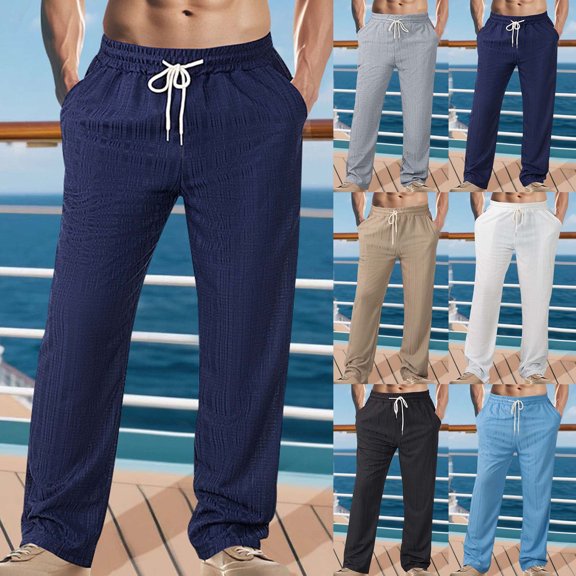 WIZUTIZ Mens Casual Lounge Pants Lightweight Breathable Drawstring Waist Relaxed Fit Summer Beach Trousers
