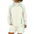 thumbnail image 2 of BODOAO Women's Hooded Jacket and Shorts 2 Piece Set Summer Casual Long Sleeve Zip Up Sporty Loungewear Outfit, Lightweight Track Suit with Side Pockets for Travel and Gym Beige L, 2 of 6