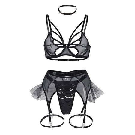 

Lingerie For Women Naughty Lace Outfit Bra And Pantie Nightie With Choker Garter Sheer Matching 4 Piece Sex Tummy Control Bodysuit For Women