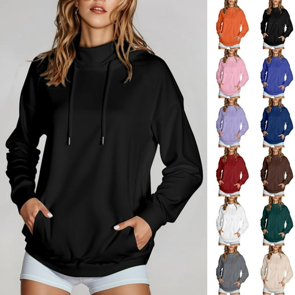 Sweatshirts for Women, Women's Vertical Collar Hooded Solid Color Long Sleeved Loose Top Sweatshirt, Black S