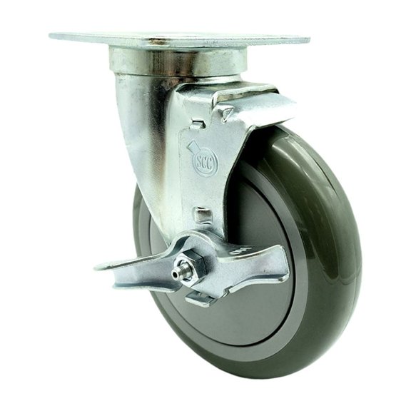 SCC - 5" x 1.25" Gray Polyurethane Wheel Swivel Caster w/Brake - 350lbs/Caster