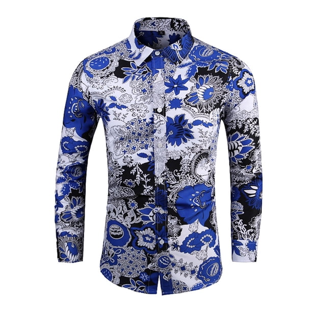 Camisa estampada para hombre, camisa de temperamento ajustada, camisa informal de manga larga con solapa Floral para hombre, camisa de talla grande versión coreana para hombre Pompotops oipoqjl50489