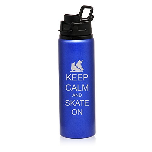 25 oz Aluminum Sports Water Travel Bottle Keep Calm And Skate On Ice Skates (Blue) by