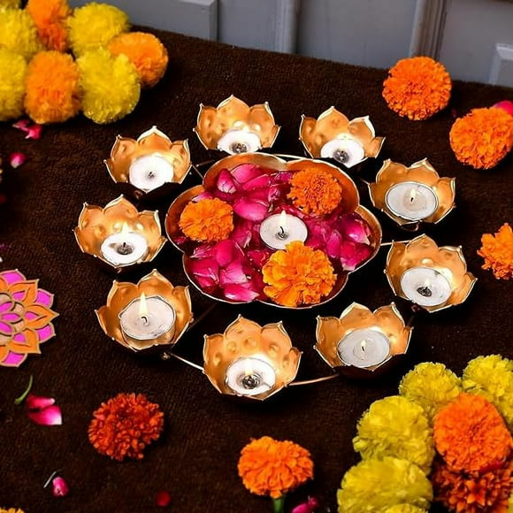 Diya Shape Flower Decorative Urli Bowl for Home Diwali Handcrafted Bowl for Floating Flowers and Tea Light Candles Home | Diwali Decoration Items for Home (12 Inches) (Flower Shape)