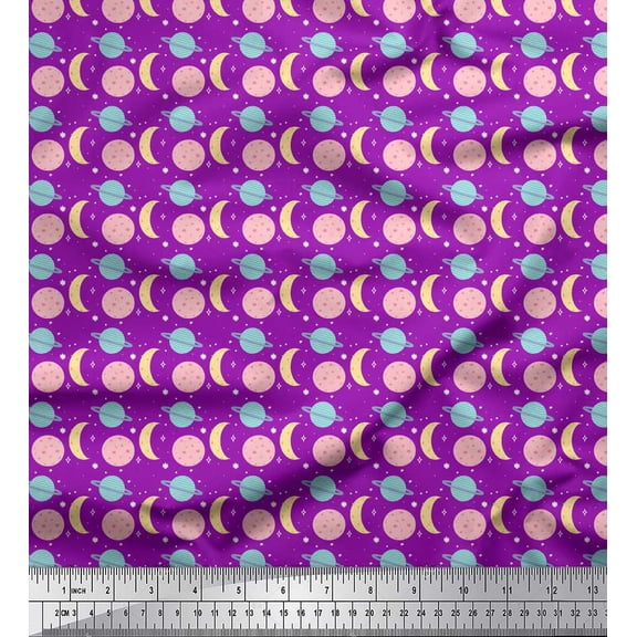 Soimoi Purple Velvet Fabric Moon & Planet Galaxy Printed Fabric 1 Yard 58 Inch Wide